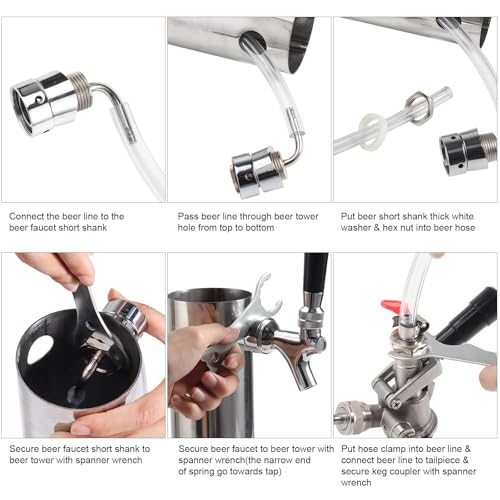 Draft Beer Line Shank Faucet Kit, Beer Keg Tap Kegerator Tower Dispenser Replacement Set with Self-Closing Spring Spanner Wrench No Leak 5.5 Feet 3/16'' Brewing Tubing 1/4'' Keg Coupler Barb - size: Faucet (Stainless Core) +Tube Kit