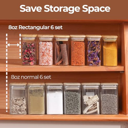 Comsaf Spice Jars with Label，8 oz Small Glass Jars with Lids, 6 Pcs Seasoning Containers, Rectangle Glass Containers with Lids, Empty Seasoning Jars for Pantry Storage, Loose Tea, Herbs, Powders, Salt - size: 8oz-6Pcs