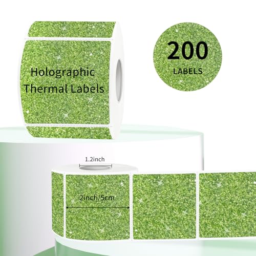 Square Holographic Thermal Labels Stickers, 2" x 2" Thermal Stickers Labels, Waterproof Glitter Direct Thermal Printer Label for Small Business- Holographic Green - color: Glitter Green, size: 2 X 2