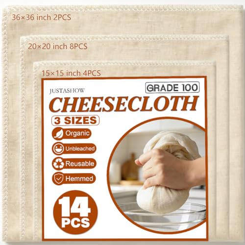 14 Pack Cheese Cloths, 15/20/36Inch 3 Size Cheesecloth Hemmed Edge Unbleached Fine Fabric, Reusable Grade 100 Cotton Muslin Cloth for Turkey, Butter, Cooking, Straining, Cheese Making, Juicing, Baking - size: 4*15x15 inch+8*20x20 inch+2*36x36 inch