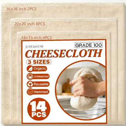 14 Pack Cheese Cloths, 15/20/36Inch 3 Size Cheesecloth Hemmed Edge Unbleached Fine Fabric, Reusable Grade 100 Cotton Muslin Cloth for Turkey, Butter, Cooking, Straining, Cheese Making, Juicing, Baking - size: 4*15x15 inch+8*20x20 inch+2*36x36 inch