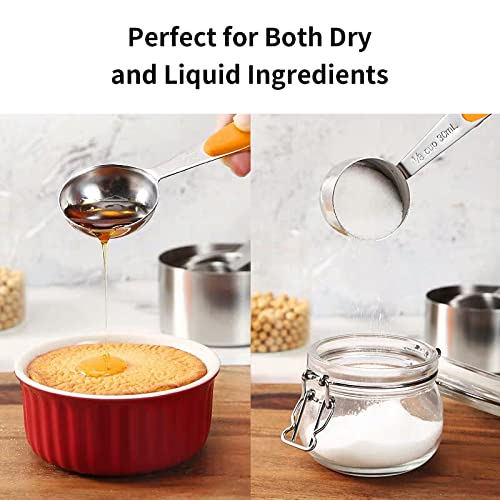 SEEK42 Measuring Spoons and Cups Set of 10 Pieces, Stainless Steel Measuring Utensils with BPA-Free Silicone Grips,Metal Scale Tools for Kitchen Cooking Baking, Dishwasher-Safe (Orange)