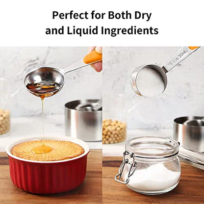 SEEK42 Measuring Spoons and Cups Set of 10 Pieces, Stainless Steel Measuring Utensils with BPA-Free Silicone Grips,Metal Scale Tools for Kitchen Cooking Baking, Dishwasher-Safe (Orange)