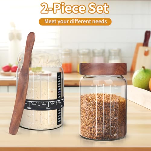 Kmise 2 Pack Sourdough Starter Jar Glass, 34 Oz Wide-mouth Sourdough Starter Jar Kit W/Acacia Spatula, Cholkboard Sign, Thermometer, Feeding Band, cloth cover,Reusable Sourdough Bread Baking Supplies - color: 2 ガラス