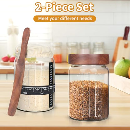 Kmise 2 Pack Sourdough Starter Jar Glass, 34 Oz Wide-mouth Sourdough Starter Jar Kit W/Acacia Spatula, Cholkboard Sign, Thermometer, Feeding Band, cloth cover,Reusable Sourdough Bread Baking Supplies - color: 2 ガラス