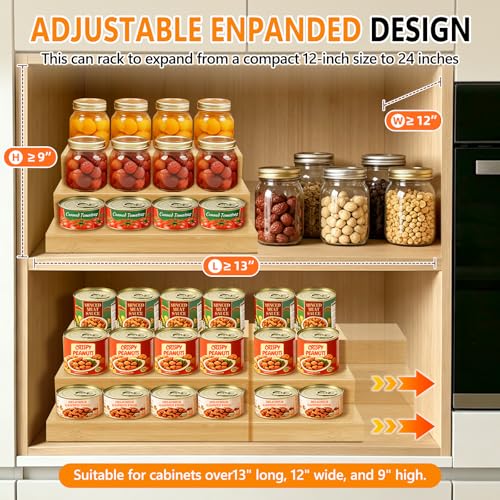 2 Pack Bamboo Expandable Can Rack Organizer for Pantry, Stackable 3 Tier Canned Food Organizers and Storage, Kitchen Cabinet, Food Can Holders Dispensers for Pantry Up To 48 Cans