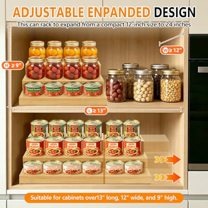 2 Pack Bamboo Expandable Can Rack Organizer for Pantry, Stackable 3 Tier Canned Food Organizers and Storage, Kitchen Cabinet, Food Can Holders Dispensers for Pantry Up To 48 Cans