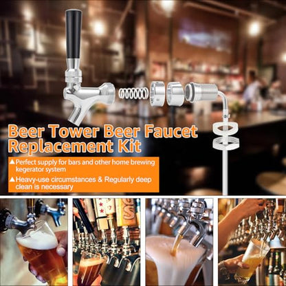 Ferroday Beer Faucet Beer Line Shank Faucet Kit, Kegerator Parts Beer Tower Replacement Kit with Self-Closing Spring Beer Tap, 5 Ft 3/16" Beer Line Tubing Keg Coupler Barb Wrench Clamp Brush Cover