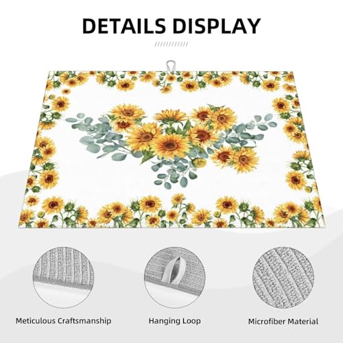 Sunflower Dish Drying Mat for Kitchen Counter 18 x 24 inch Yellow Sunflowers Dish Drainer Rack Mats with Hanging Loop Sunny Floral Wreath Dishes Drainer Pads Bright Blossoms Drying Pad - color: white yellow