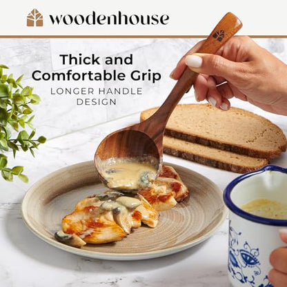 Wooden Ladle for Soup, 3 Size Teak Wood Ladle Spoon with Back Hooks for Pot & Bowl, Non-Stick Wooden Spoon Set for Cooking, Serving and Stirring - size: 3 Size Set