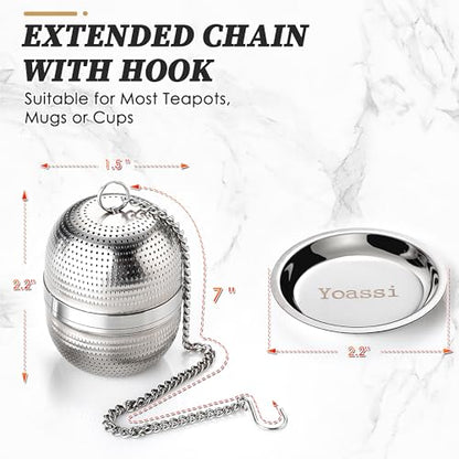 Yoassi 2 Pack Tea Infusers for Loose Tea, Extra Fine Mesh 18/8 Stainless Steel Tea Strainers, Loose Leaf Tea Steeper Tea Ball Tea Diffuser Tea Holder with Extended Chain Hook and Drip Tray - size: Round 2 Pack