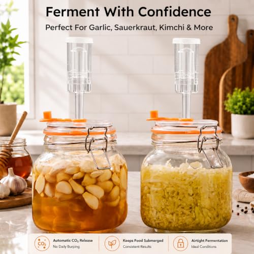 1L Wide Mouth Fermentation Jars, Pack of 2 Complete Fermenting Kit with Airlocks & Glass Weights for Sauerkraut, Kimchi & Pickles - size: 1 Liter
