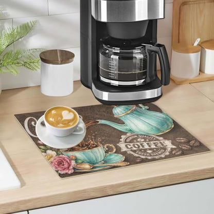 Coffee Themed Dish Drying Mat For Kitchen Counter 24 "X16" Absorbent Non-Slip Rubber Backed, Quick Dry Silicone Pad For Coffee Machine Dish Rack