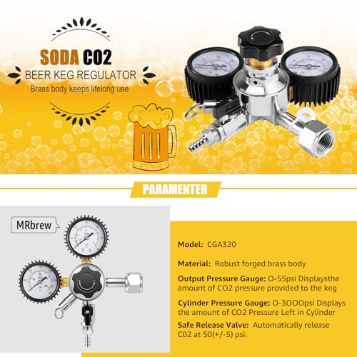 MRbrew 0-60PSI CGA-320 Keg CO2 Regulator with 5/16" Barbed Outlet | 0-3000 PSI Tank Pressure, Beer Regulator, Co2 Tank Pressure Regulator with Safety Pressure Relief Valve - size: One Output Barb - Mildly Carbonated