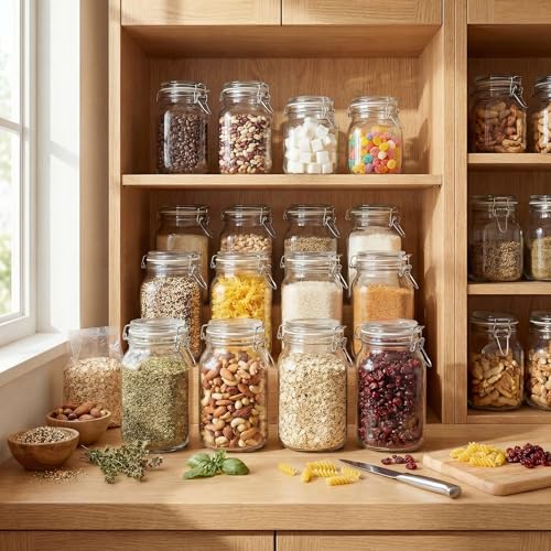17oz - 6 Pack Square Glass Jars with Airtight Lid, Wide Mouth Mason Jars with Clamp Lids, Air Tight Glass Canisters, Best Food Storage Containers for Cereal, Pasta, Rice, Sugar, Coffee, Spice - color: Square-17OZ Set- 6 Pack