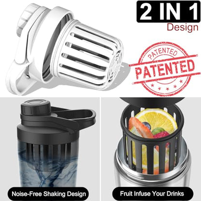 Stainless Steel Shaker Bottle with Noise-Free Design - Patented 24 oz Insulated Metal Shakers Bottles Cup for Protein Mixes and Pre Workout 100% Leak Proof (Day Night) - color: Day Night
