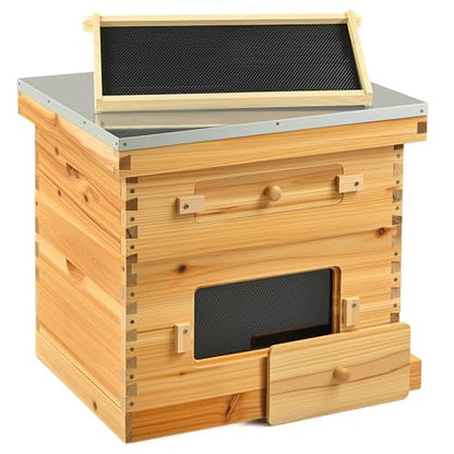 CREWORKS 10 Frame Bee Hive, 2 Layers Beeswax Coated Beehive Starter Kit with Frames & Foundations, Langstroth Bees Hives Box with Transparent Acrylic (Window Medium Box & Deep Box) - style: 2 Layer Beeswax Coated