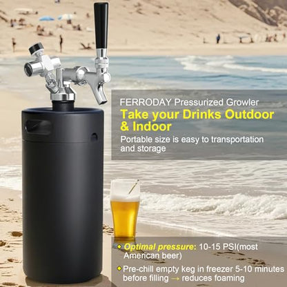 Ferroday 128Oz Mini Keg Growler Tap System, Homebrew Mini Beer Growler, Stainless Steel Draft Beer Dispenser With Faucet&Co2 Regulator, Portable Beer Tap System Keep Beer Fresh And Carbonation - color: Black