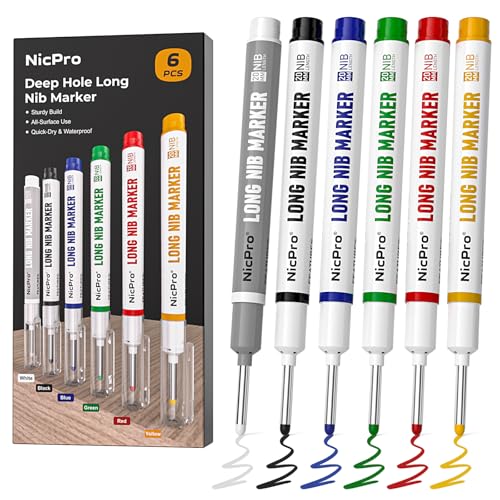 Nicpro 6 PCS Long Nib Marker Pens, 20mm Deep Hole Marker, Quick Dry & Waterproof Construction Markers, Long Head Markers for Metal, Steel, Tile, Glass, Carpenter Marking Pen for Woodworking (Colorful)