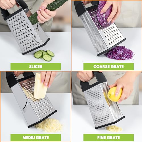 Urbanstrive Cheese Grater With Container Box Grater Stainless Steel Graters for Kitchen Cheese Shredder Parmesan Shredder Kitchen Gadgets Kitchen Tools Kitchen Gifts for Chef Dishwasher Safe Zester - color: Black