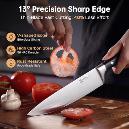 PAUDIN Knife Block Set, 15 Pieces Knife Set with Block, High Carbon Stainless Steel Kitchen Knife Set with Sharpener, Knives Set for Kitchen with Full Tang Triple Rivet Handle