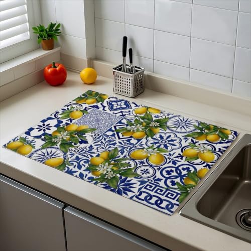 Absorbent Kitchen Dish Drying Mat Quick Dry Heat Resistant Hide Stain for Glasses Coffee Espresso Machines Pots Pans and Dish Racks,18" x 24" Blue White Lemon Tile Bohemia Pattern - color: Blue White Lemon Tile Bohemia