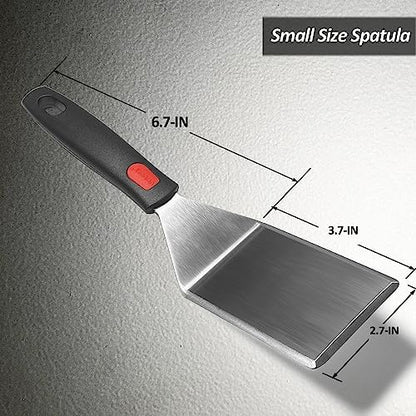 Small Spatula for Cast Iron Skillets, Full Tang silicone Handle, Heat Resistant, Commercial Grade Heavy Duty Turner, Press Burger Spatula Turner for Flipper, Cooking, Serving, 2.7" Wide - size: 2.7" x 3.7"