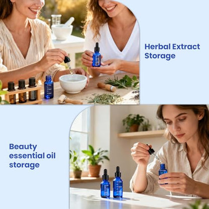 UPBUD 63 Pcs 1oz Blue Glass Dropper Bottles with Measurement, 30ml Leakproof Tincture Bottles with Funnels, Eye Droppers, Extra Caps & Labels, Refillable Empty Bottles for Tinctures, Essential Oils - color: Blue-1oz, size: 1oz
