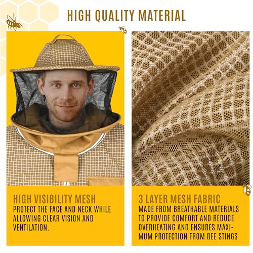 3 Layer Beekeeping Ventilated Jacket With Two Veils. Fully protective Metal Zipper Jacket with Round Veil and Fencing Veil. (Khaki, 3XL)