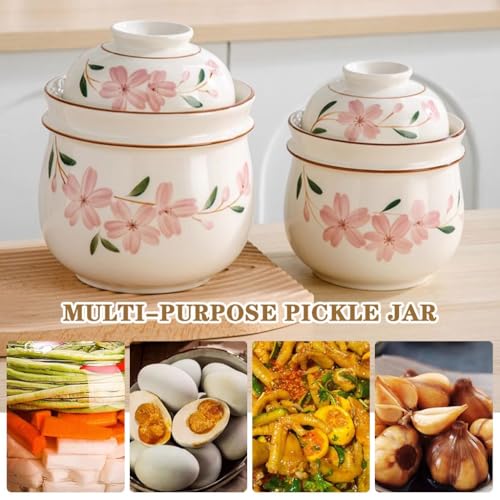 Hand-Painted Cherry Blossom Storage Jar, Double Lid Design Fermentation Crock, Household Water Seal Design Kimchi Jar, Ceramic Grain Container(3000ml) - size: 3000ml