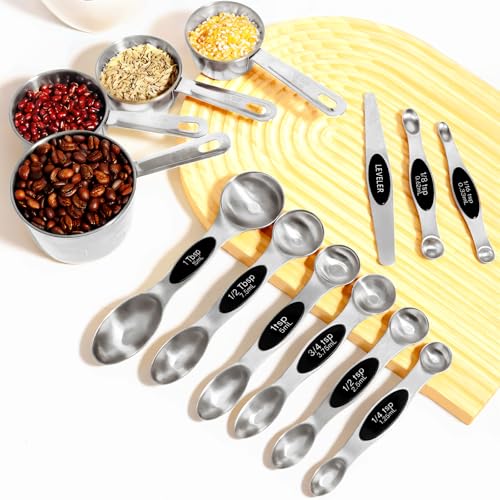 13pcs Stainless Steel Measuring Cups and Spoons Set, 8 Double-Sided Magnetic Measuring Spoons Set & 4 Metal Measuring Cups & 1 Leveler for Kitchen Dry & Liquid Cooking Baking - color: Silver