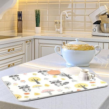 Raccoon Tree Mushroom Dish Drying Mat for Kitchen Counter Super Absorbent Draining Mat with Non-slip Backed Sink Tray Mat for Sinks Countertops Draining Racks Dish Bottles Cups Bowl