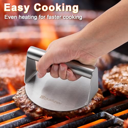 Husfunov Stainless Steel Burger Press, 5.5 Inch Round Smasher,Non-Stick Smooth Hamburger Press,Flat Bottom Without Ridges, for Cooking Burgers, Bacon, Ground Beef, Meats, Sausage and So On - size: 5.5inch-Steel Handle