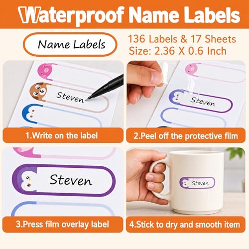 Self-Laminating Name Labels for Daycare and School, Waterproof Name Stickers for Kids Toddler Stuff, Baby Bottles, Water Bottles and Food Containers, Dishwasher Safe - 136 Pack - color: Cute
