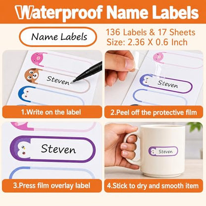 Self-Laminating Name Labels for Daycare and School, Waterproof Name Stickers for Kids Toddler Stuff, Baby Bottles, Water Bottles and Food Containers, Dishwasher Safe - 136 Pack - color: Cute