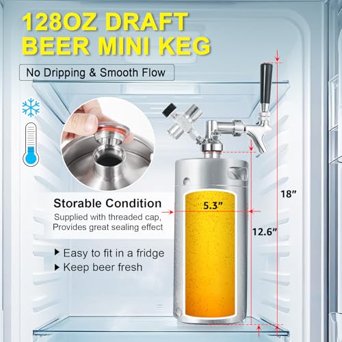 Ferroday Mini Keg Growler Tap System, 128Oz Mini Beer Growler, Stainless Steel Home Draft Beer Dispenser With Faucet&Co2 Regulator, Portable Beer Tap System Keep Beer Fresh And Carbonation - color: Silver