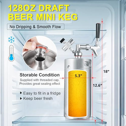 Ferroday Mini Keg Growler Tap System, 128Oz Mini Beer Growler, Stainless Steel Home Draft Beer Dispenser With Faucet&Co2 Regulator, Portable Beer Tap System Keep Beer Fresh And Carbonation - color: Silver