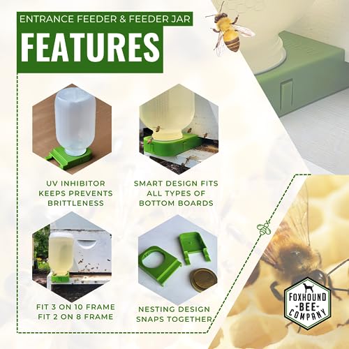 Foxhound Bee Co Bee Feeder | Half Gallon Plastic Entrance Feeder for Sugar Syrup | Leakage-Free Hive Feeder for Beekeeping, 2 Pack - size: 2 Pack Entrance Feeder with Jar