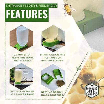Foxhound Bee Co Bee Feeder | Half Gallon Plastic Entrance Feeder for Sugar Syrup | Leakage-Free Hive Feeder for Beekeeping, 2 Pack - size: 2 Pack Entrance Feeder with Jar