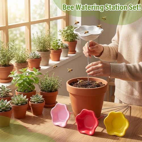 4 Pack Resin Bee Watering Station for Butterfly Garden Cups Bath Bee Feeders for Thirsty Pollinators Outdoor Garden Yard Stakes Decor Flower Design Plastic Free Attracting Glaze(Stylish) - style: Stylish