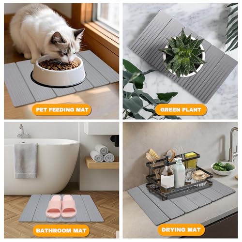 Large Stone Dish Drying Mat for Kitchen Counter, 23" × 15" Quick Dry Stone Mat, Collapsible Fast Absorbing Diatomaceous Earth Non-Slip Dish Drying Pad for Dishes & Cups (Medium Gray, 23" × 15") - color: Medium Gray