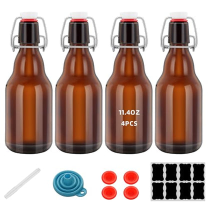4Pcs Amber Beer Bottles with Flip Caps, 12oz Glass Bottle with Swinging Top for Airtight Lids, Home Brewing and Fermentation Kombucha, Vanilla Extract, Beverage, Water, Kefir