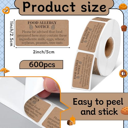 Gueevin 600 Count 1x2'' Food Allergy Warning Labels Allergies Restaurant Food Safety Self Adhesive Stickers Restaurant Removable Thermal Printed Labels for Kitchen(Brown) - color: Brown