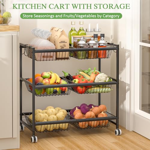 3-Tier Rolling Pantry Floor Organizer Cart with 6 Detachable Baskets, Metal Wire Fruit Basket Stand with Wheels, Kitchen Storage Cart for Fruit Vegetables, Snack Cart for Pantry Kitchen Living Room - size: 3-tier 6 baskets
