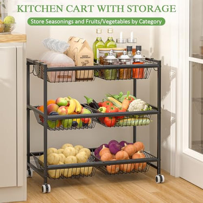 3-Tier Rolling Pantry Floor Organizer Cart with 6 Detachable Baskets, Metal Wire Fruit Basket Stand with Wheels, Kitchen Storage Cart for Fruit Vegetables, Snack Cart for Pantry Kitchen Living Room - size: 3-tier 6 baskets