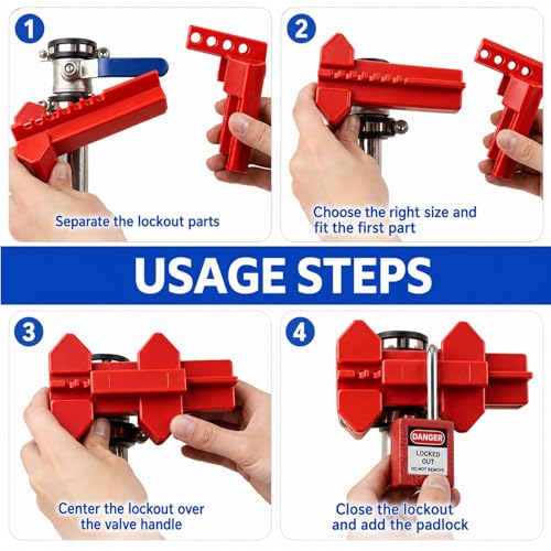 Ball Valve Lockout Device, Adjustable Small Red | 1/2"-2-1/2" Outside Pipe Diameter, Outdoor Water Spigot & Industrial Faucet, Handle Pipeline Locking