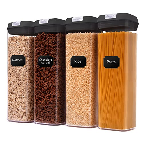 Cheer Collection One Size Airtight Food Storage Containers - Set of 4 IDENTICAL 65 oz Pantry Organizer Bins plus Marker and Labels - Black Lids - color: Black