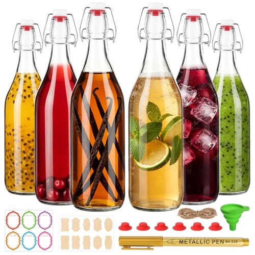 6 Pack 32oz Swing Top Glass Bottles – Flip Top Bottles with Stoppers for Vanilla Extract, Kombucha, Kefir, Home Brewing, Fermentation & Gifting, Includes Funnel & Extra Gaskets