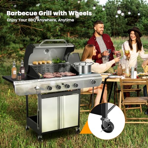 Electactic 4-Burner Gas Grill with Side Burner,Stainless Steel Propane Grill with Porcelain-Enameled Grills,Built-In Thermometer,42000BTU BBQ Grill for Outdoor Cooking and Patio Barbecues - size: 4 Burner Gas Grills with Side Burner