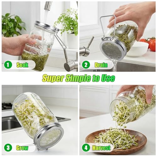 2 Pcs Sprouting Lids for Wide Mouth Mason Jars, Stainless Steel Reusable One-Piece Sprouting Jar Lids Kit with Built-In Stand, Seed Germination Sprouts Growing Kit for Organic Alfalfa & Mung Bean - size: 86mm (2 pcs)
